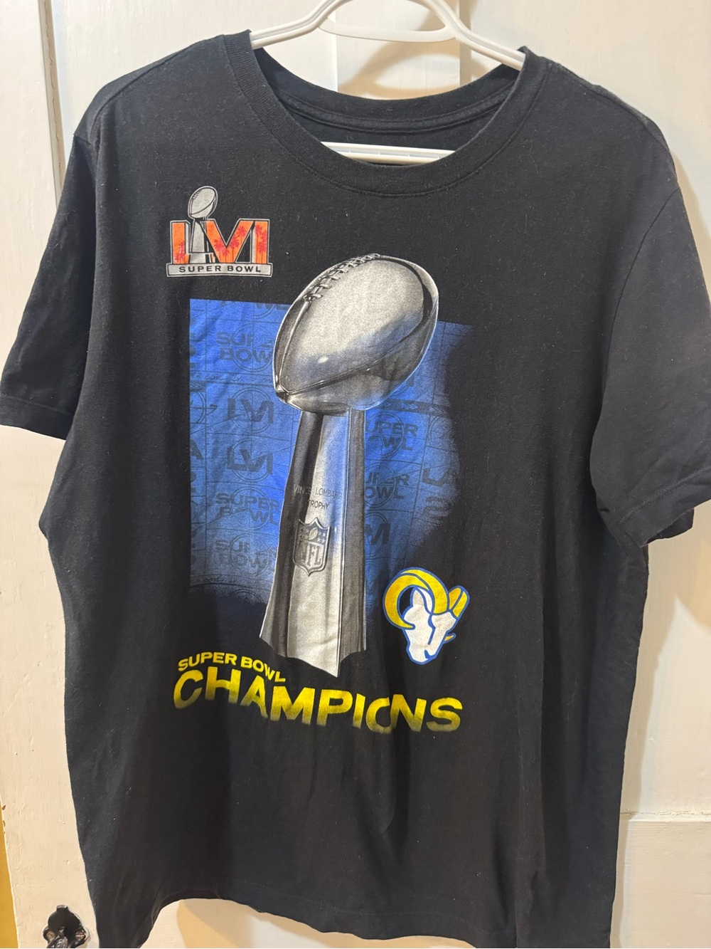 Super Bowl LVI Champions Black T-Shirt with Trophy Graphic RAMS